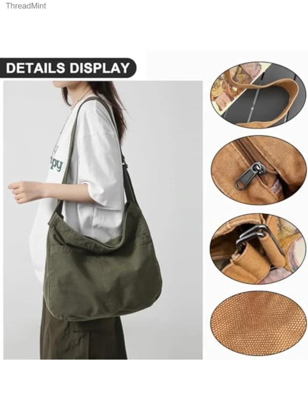 Canvas Crossbody Hobo Bag with Adjustable Strap, Travel Tote, Laptop Purse